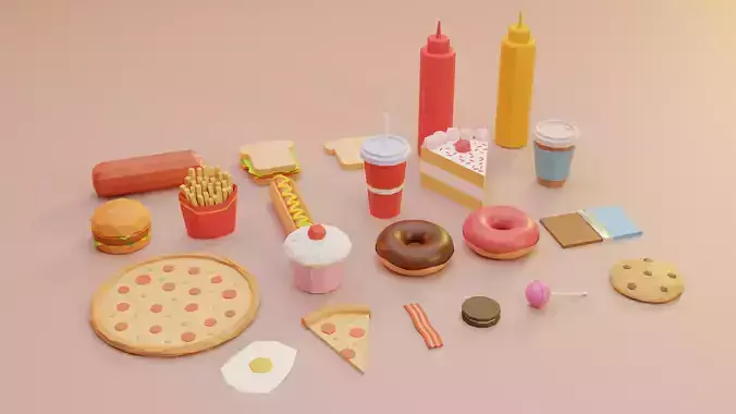Low Poly 3D Food pack with Fast Food Low-poly 3D model