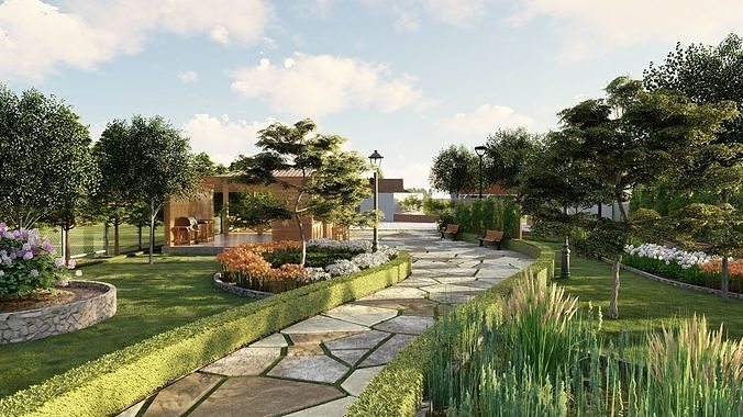 Landscape 3D Model garden path with trees and shrubs 3D model