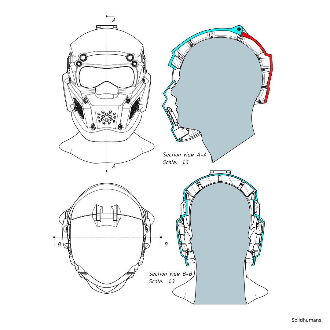 CAD-friendly models kit Helmet H1V1 and male head M1P1D0V1head 3D model_19
