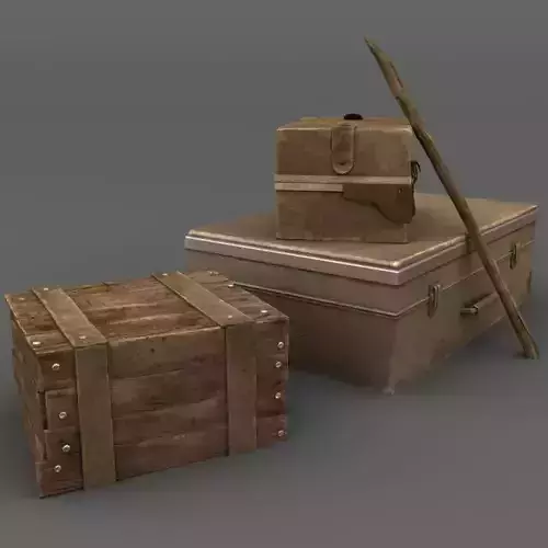 Boxes old trunk and wooden stick