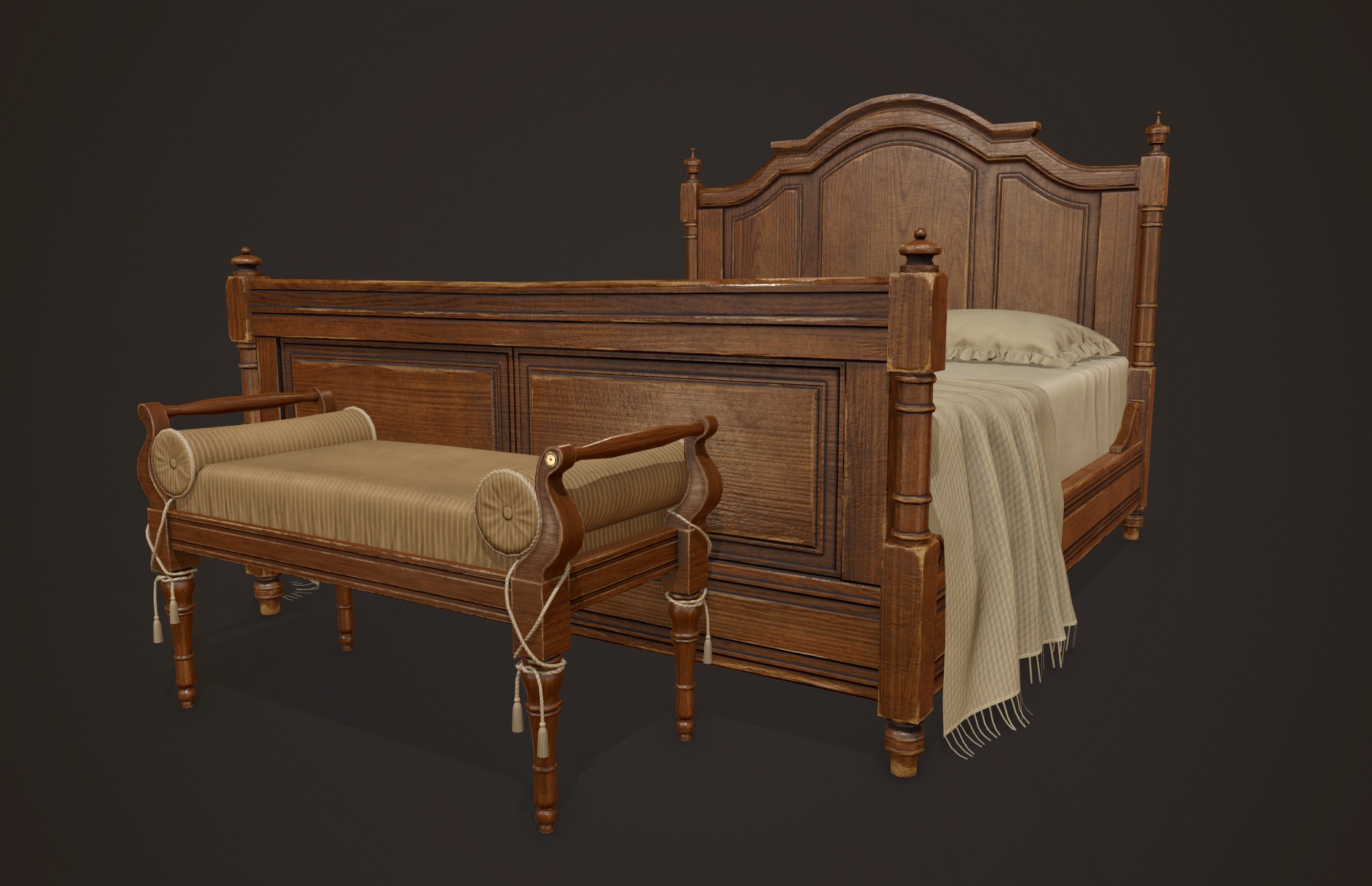 Vintage Bed with Pouf - PBR Game Ready  Low-poly 3D model_5