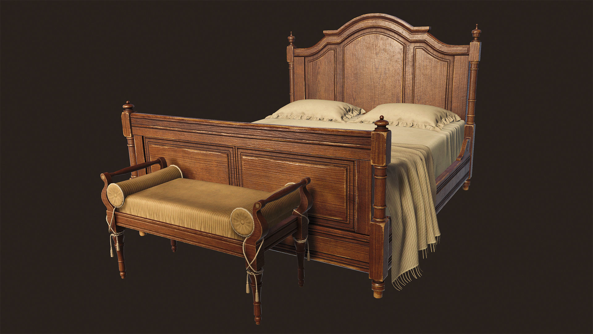 Vintage Bed with Pouf - PBR Game Ready  Low-poly 3D model_2