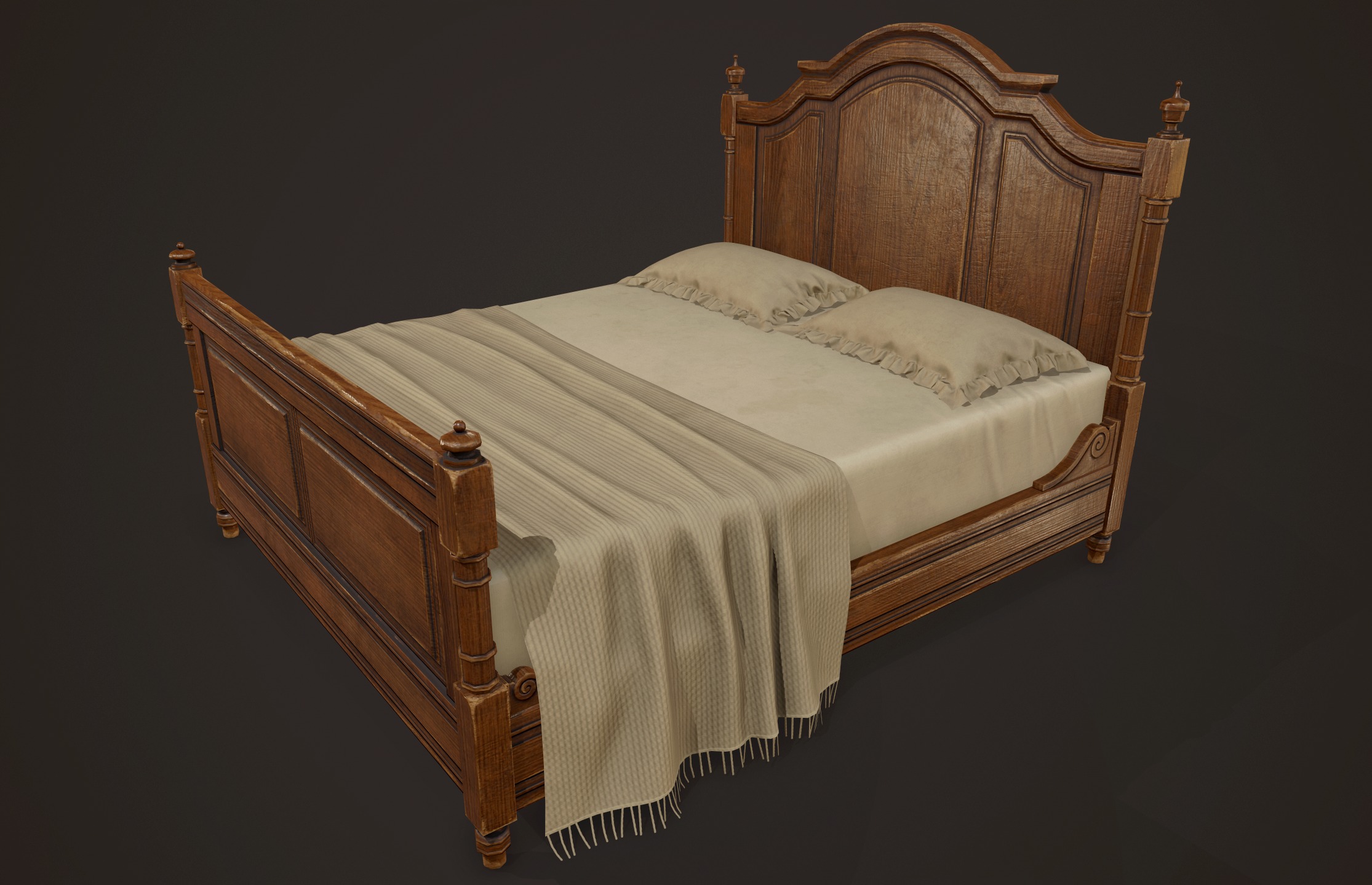 Vintage Bed with Pouf - PBR Game Ready  Low-poly 3D model_6