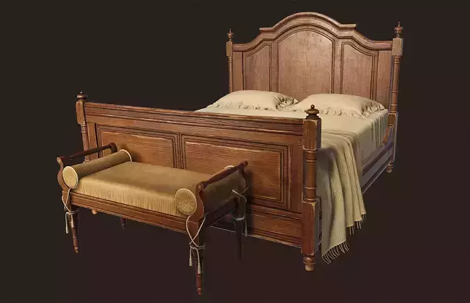 Vintage Bed with Pouf - PBR Game Ready  Low-poly 3D model