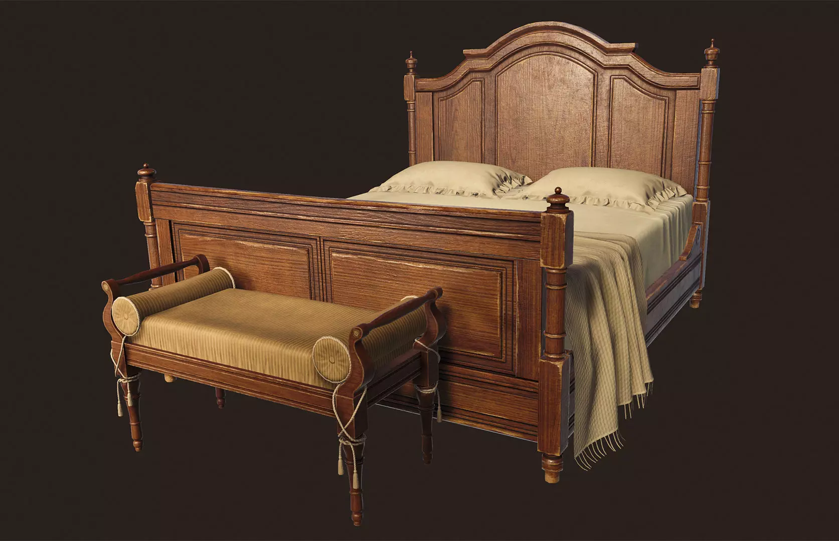 Vintage Bed with Pouf - PBR Game Ready  Low-poly 3D model_0