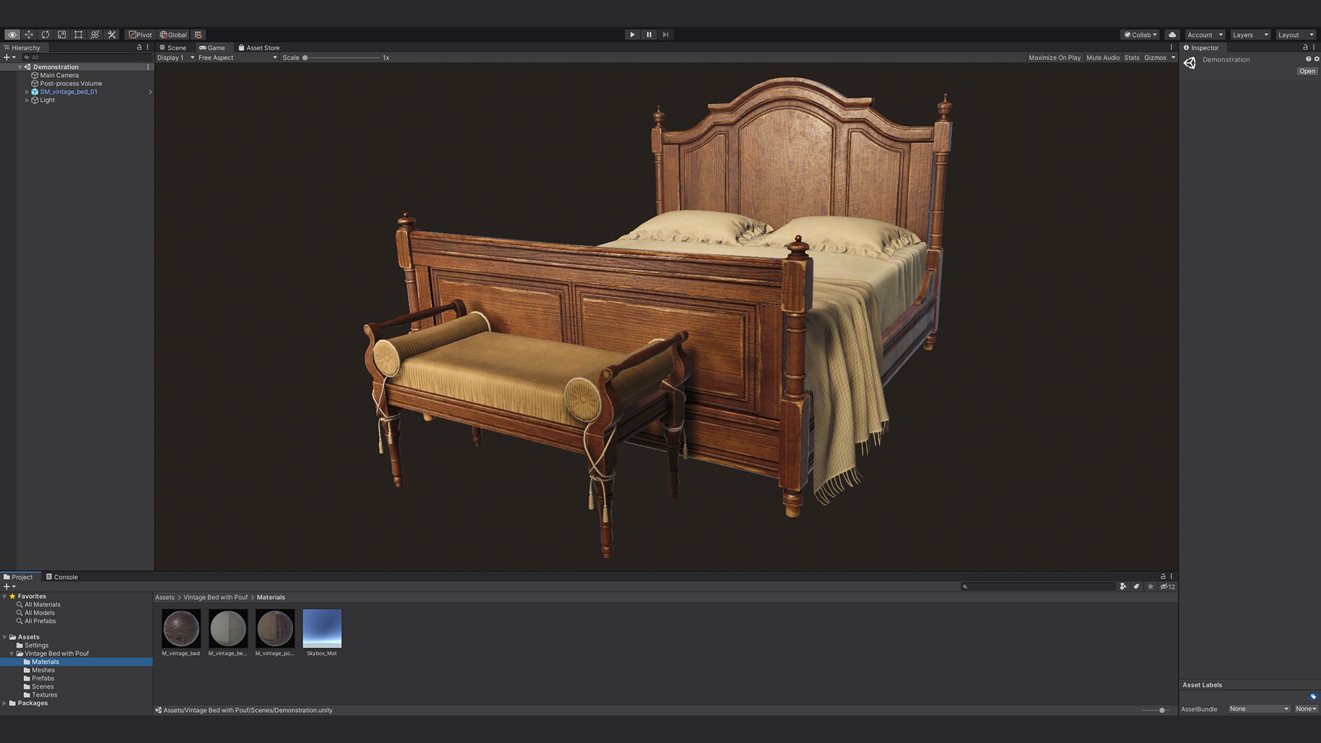 Vintage Bed with Pouf - PBR Game Ready  Low-poly 3D model_3