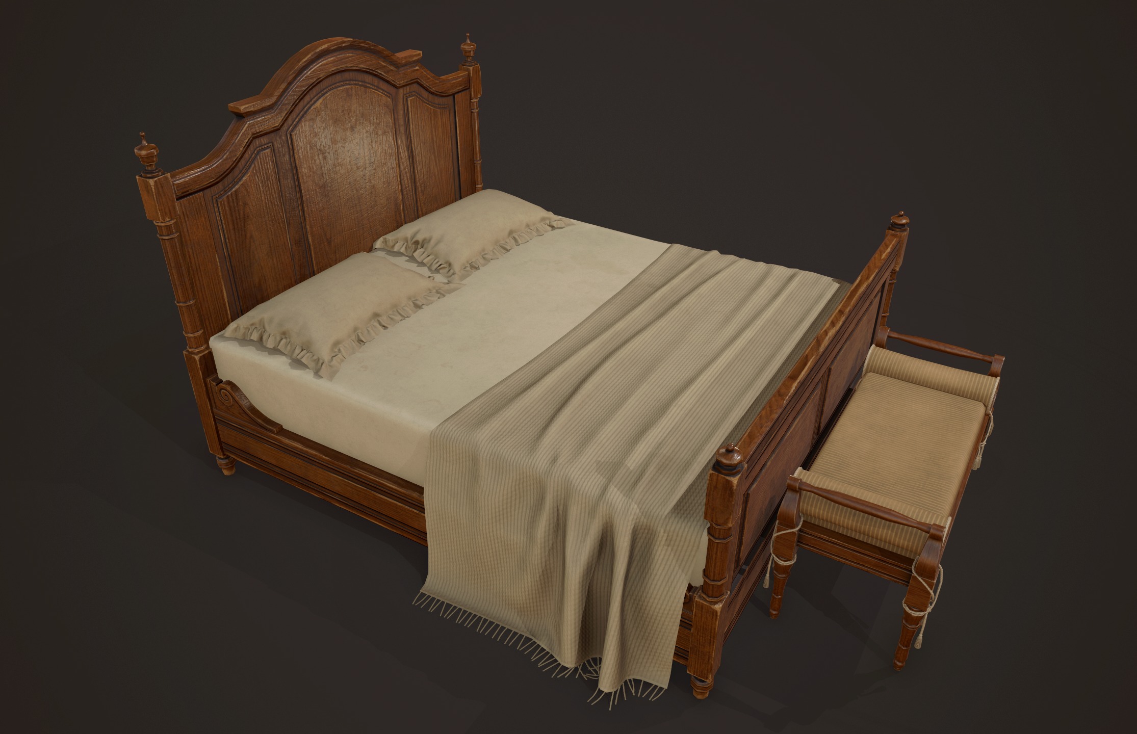 Vintage Bed with Pouf - PBR Game Ready  Low-poly 3D model_4