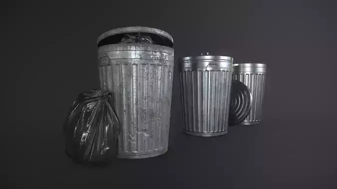 Metal Trash Can with Garbage Bags Low-poly 3D model