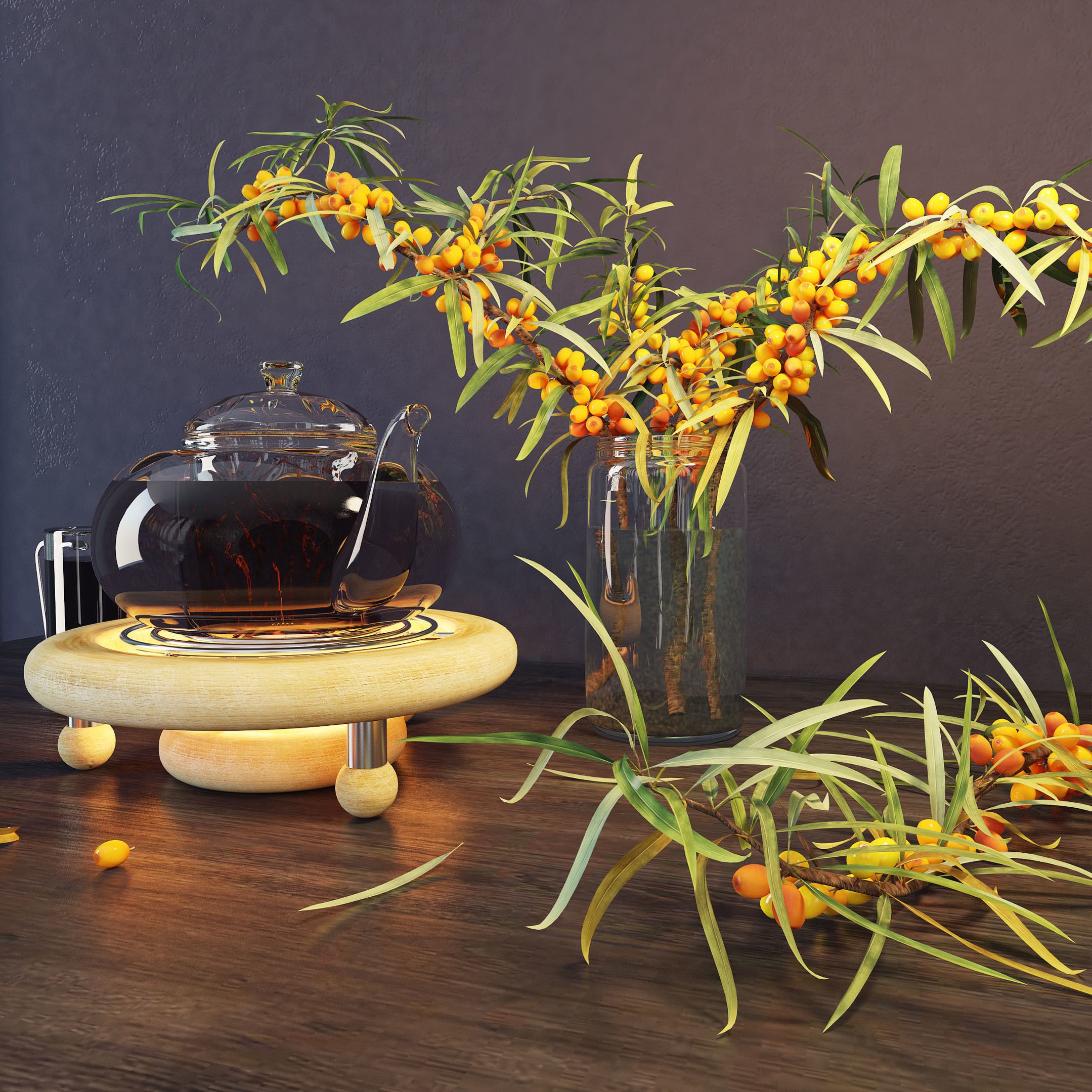sea buckthorn and teapot 3D model_1