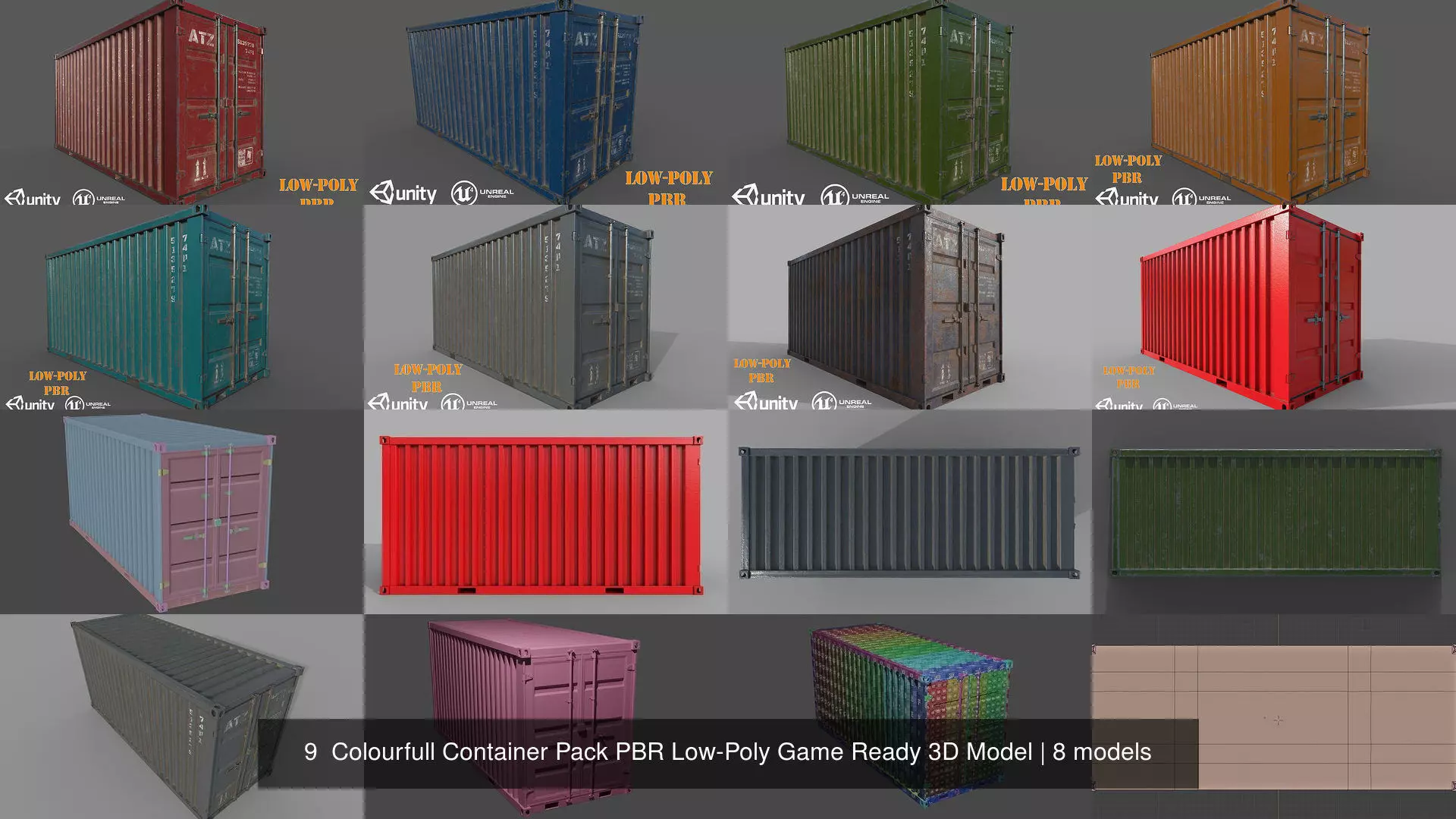 9 Colourfull Container Pack PBR Low-Poly Game Ready 3D Model 3D Model Collection_0