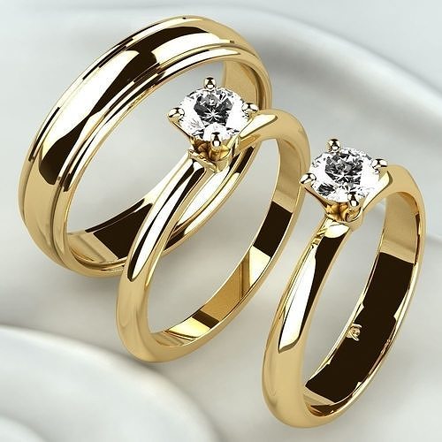 Single Diamond Wedding Rings Set 3D print model