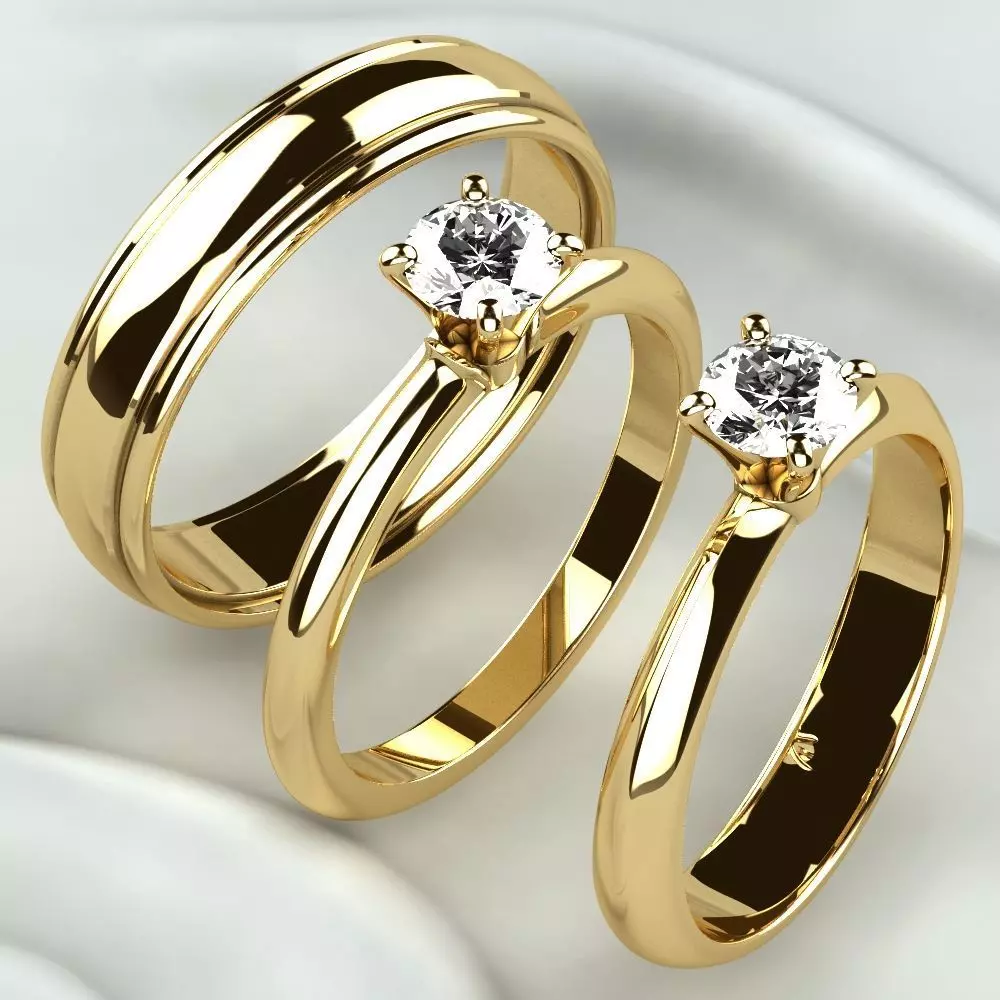 Single Diamond Wedding Rings Set 3D print model_0