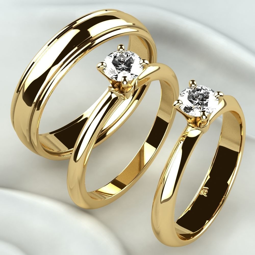 Single Diamond Wedding Rings Set 3D print model_1