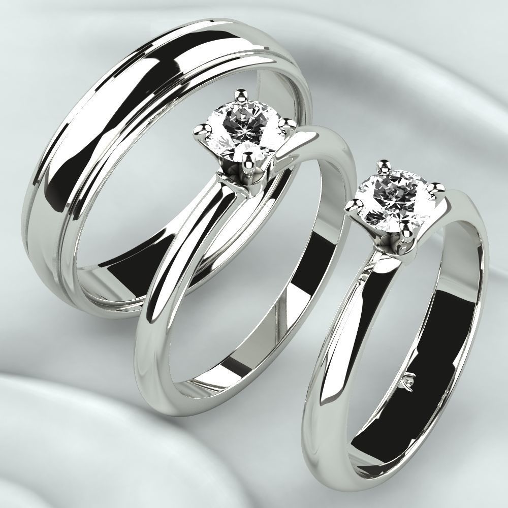 Single Diamond Wedding Rings Set 3D print model_2