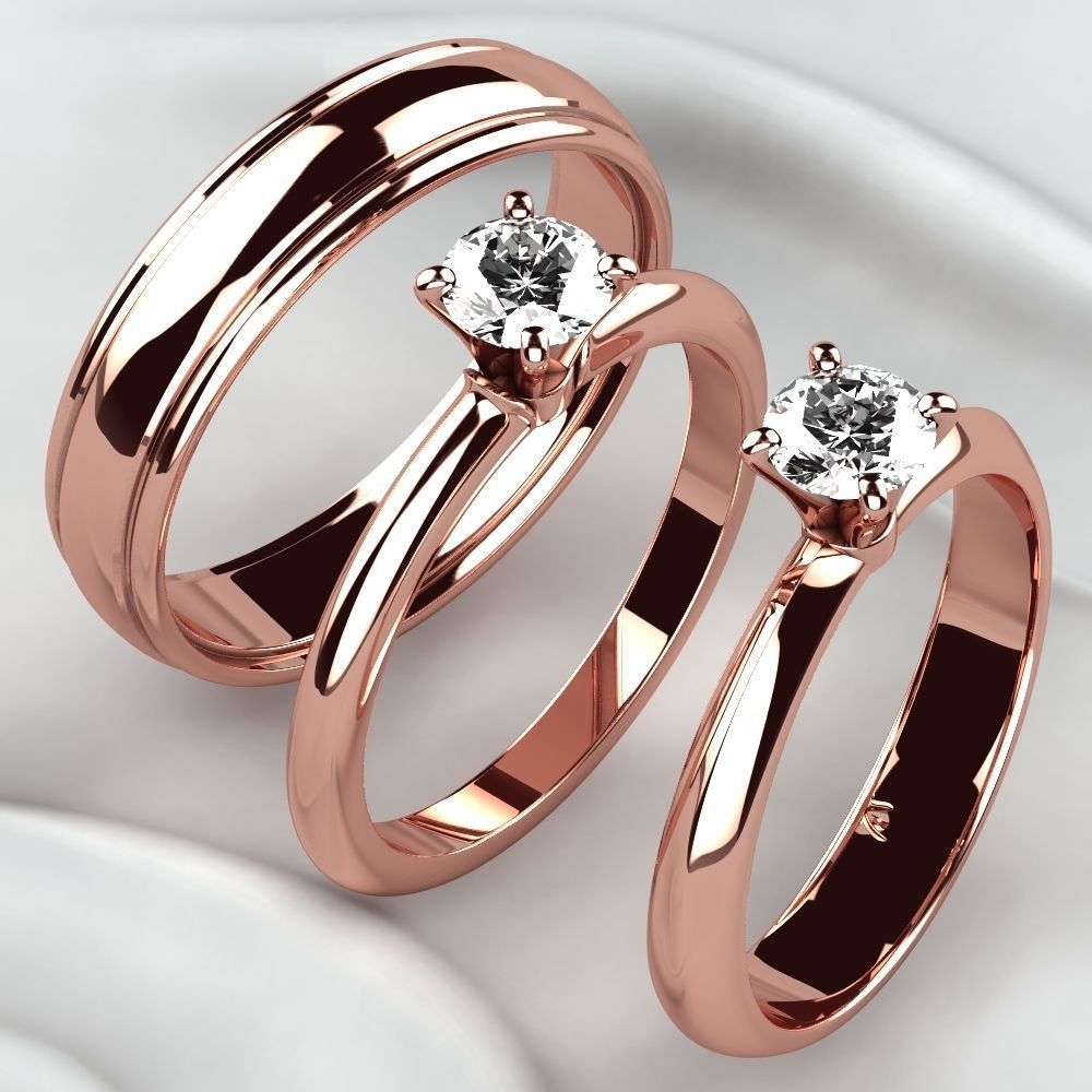 Single Diamond Wedding Rings Set 3D print model_3