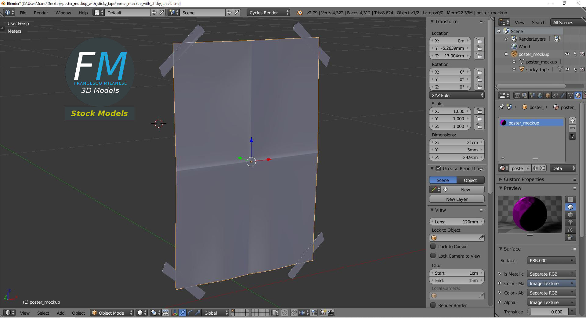 Poster mockup with sticky tape 3D model_9