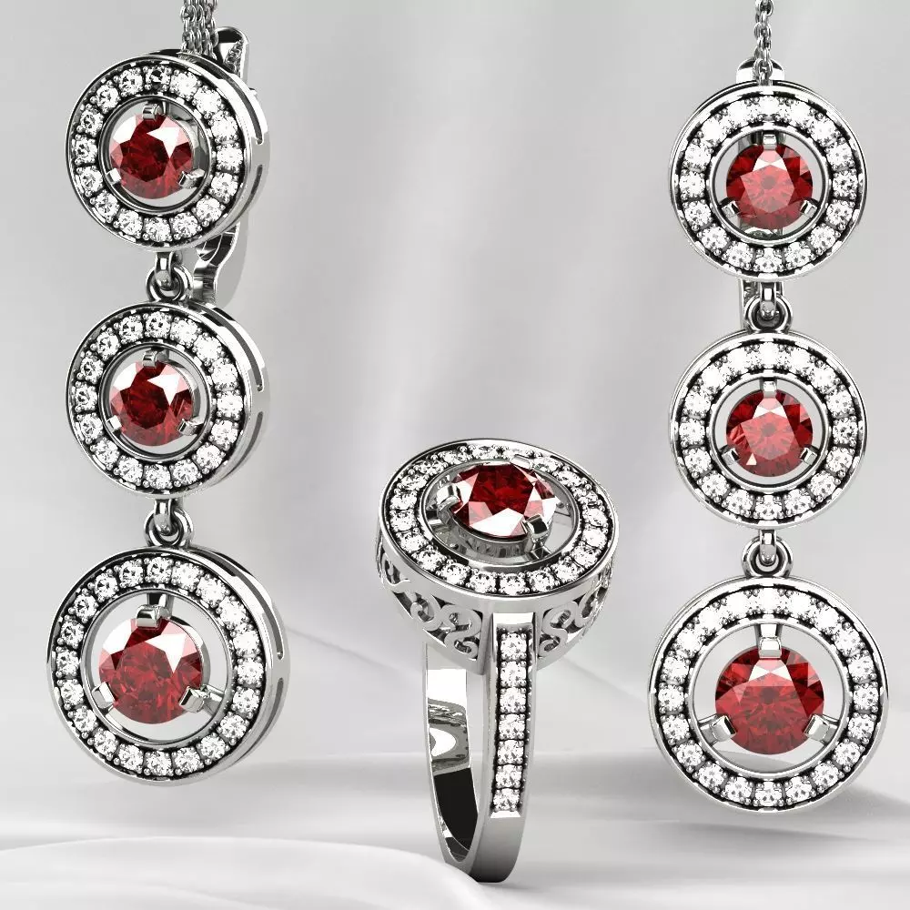 Ruby Gold Ring with Earrings Set 3D print model_0