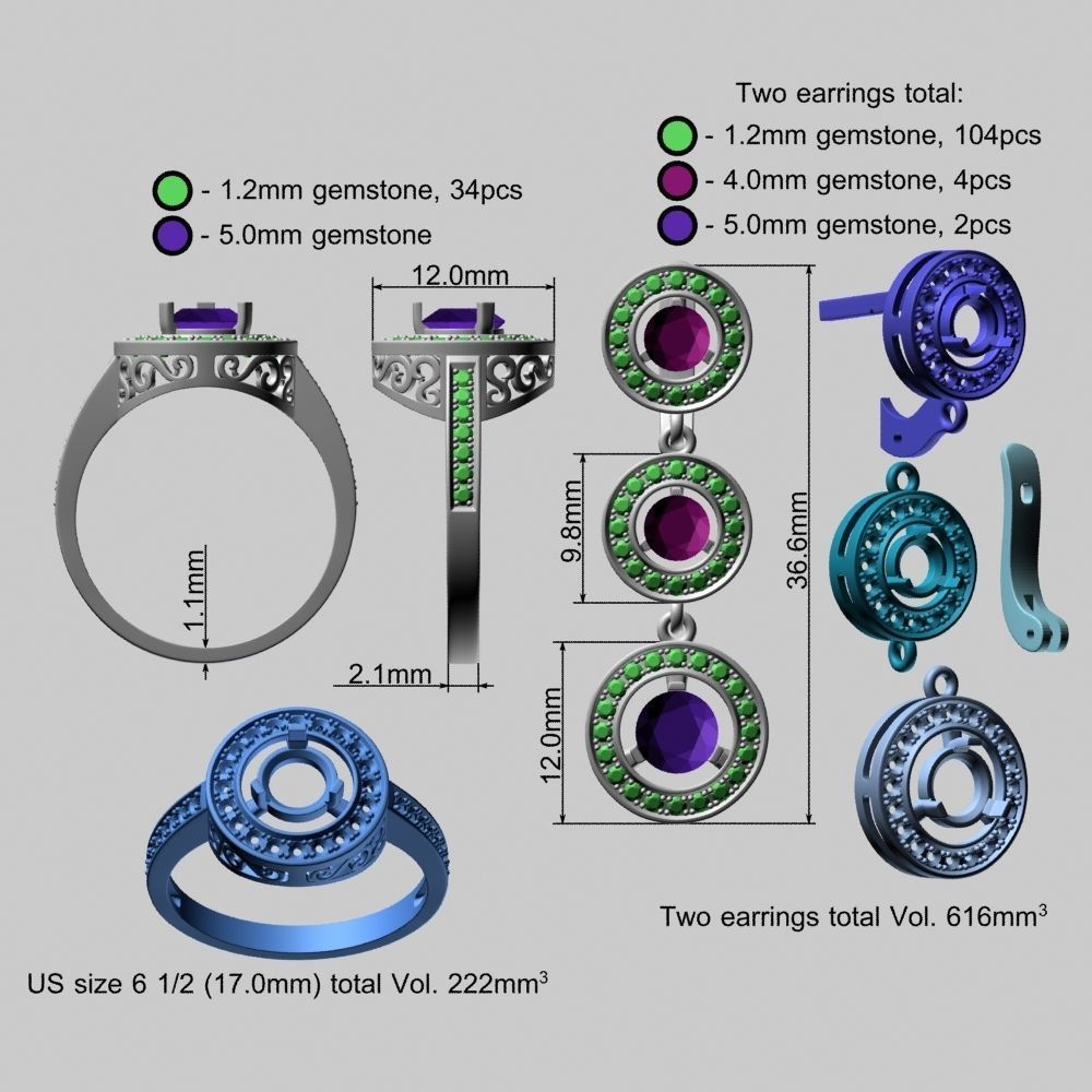 Ruby Gold Ring with Earrings Set 3D print model_20