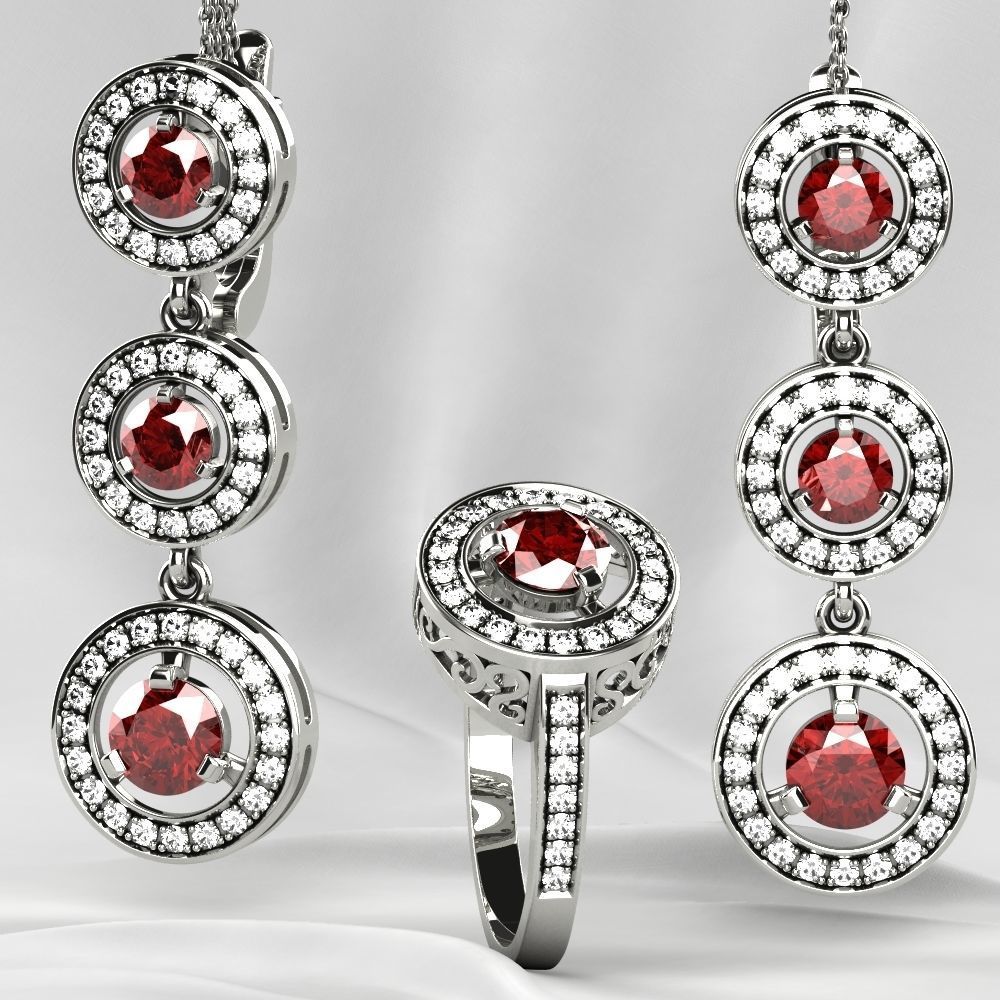 Ruby Gold Ring with Earrings Set 3D print model_1