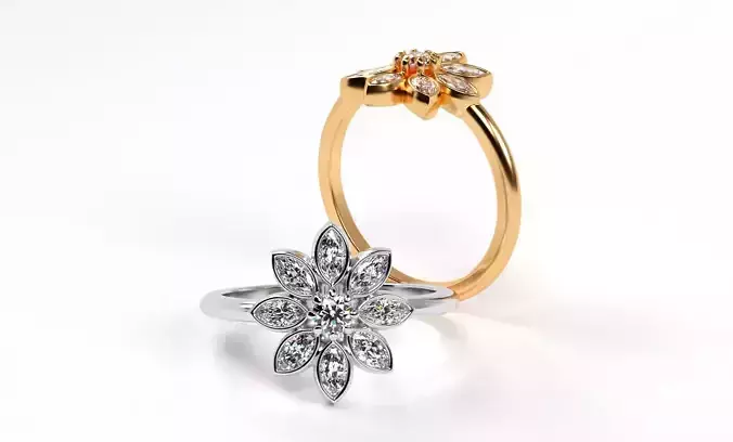 gold flower ring with marcuise diamonds 
