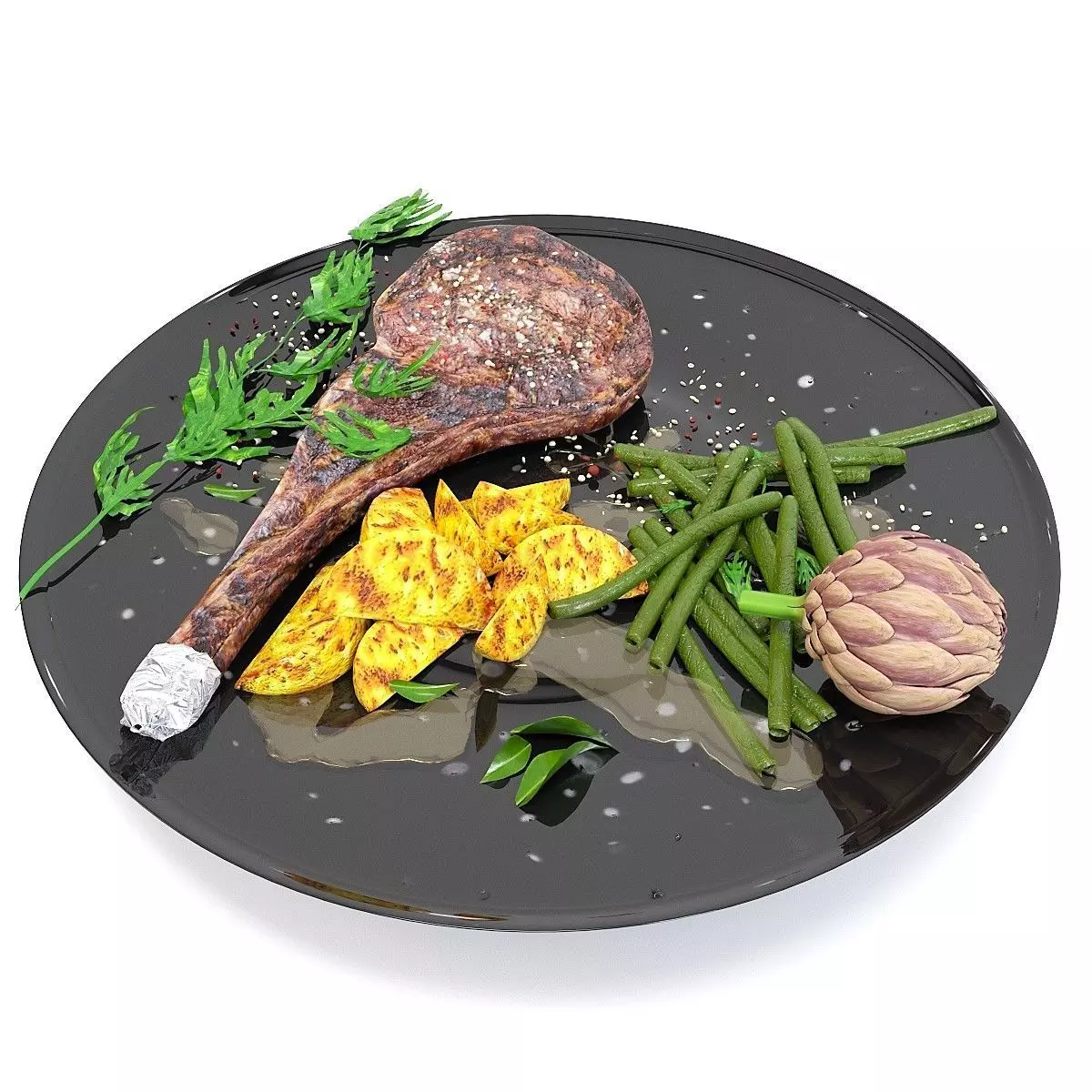Steak Set on plate with beans and potatoes 3D model_0