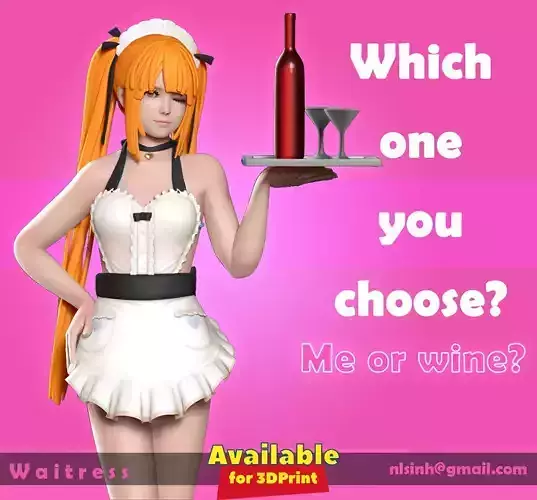 Waitress anime girl holding bottle of wine