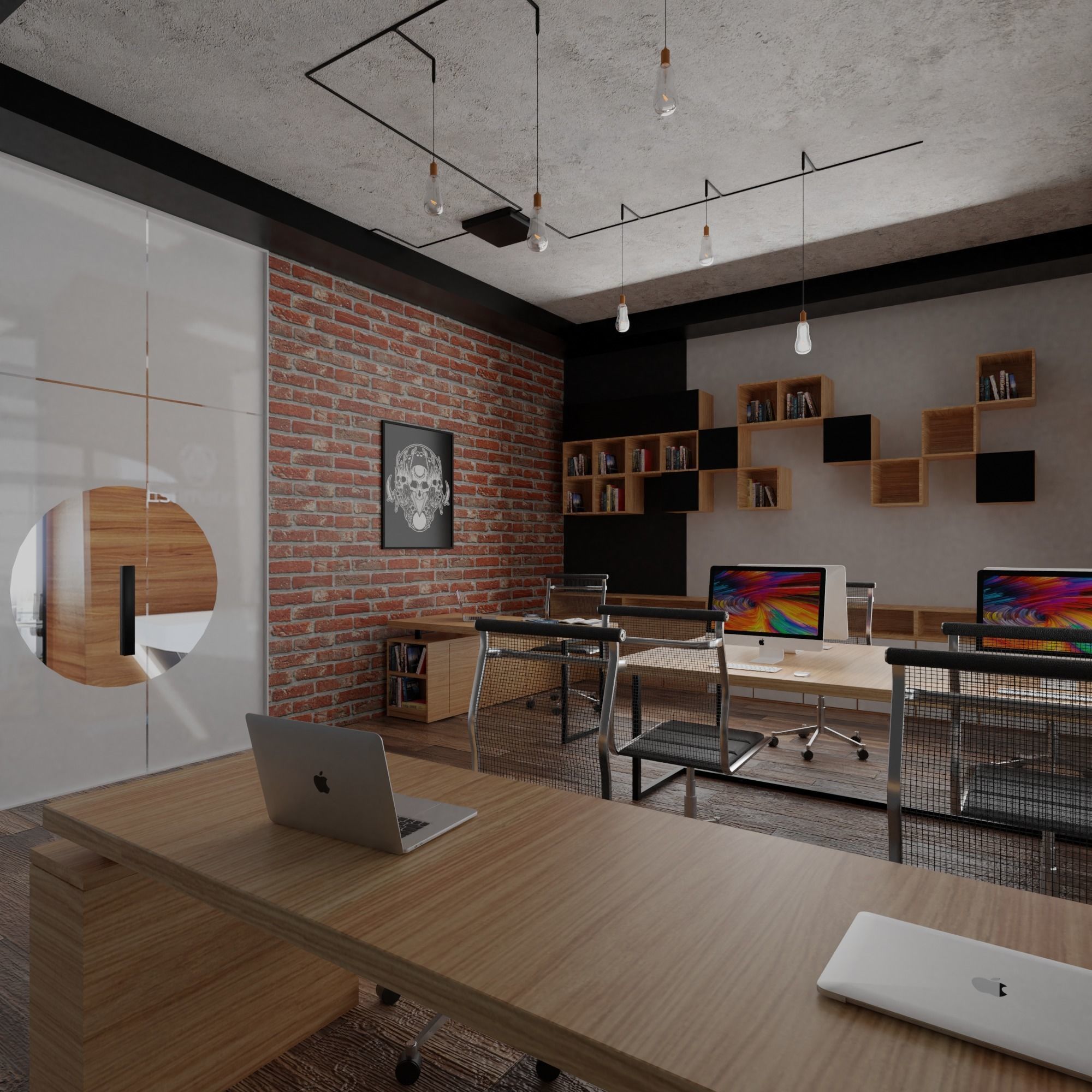 Realistic Office 3D model with wooden desks and brick wall 3D model_1
