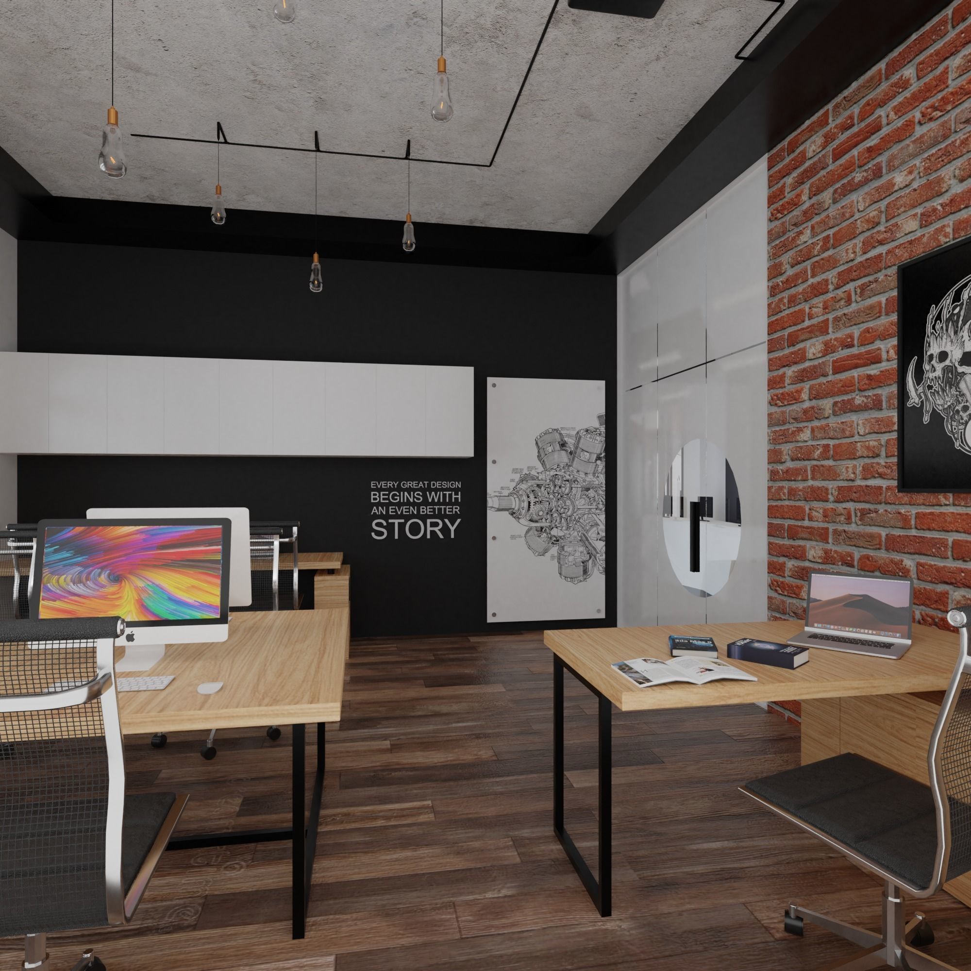 Realistic Office 3D model with wooden desks and brick wall 3D model_2