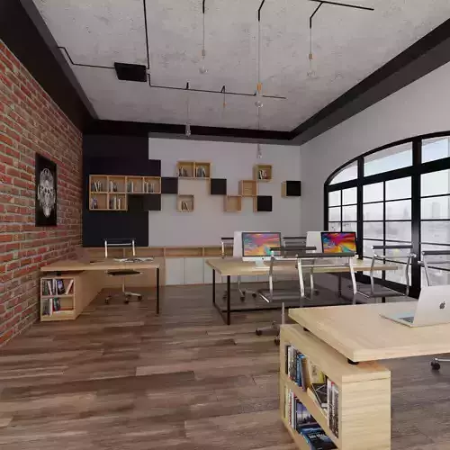 Realistic Office 3D model with wooden desks and brick wall