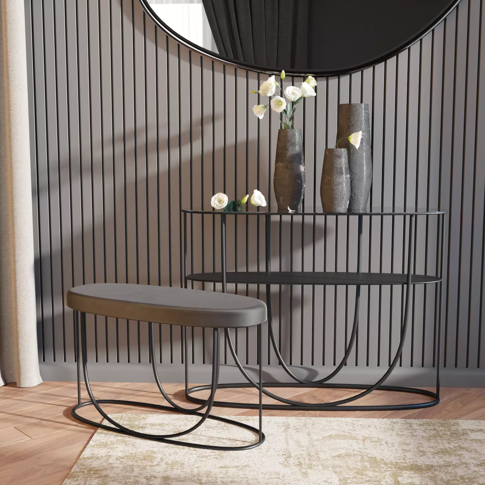 Console-table two metal shelves and bench 3D model_0