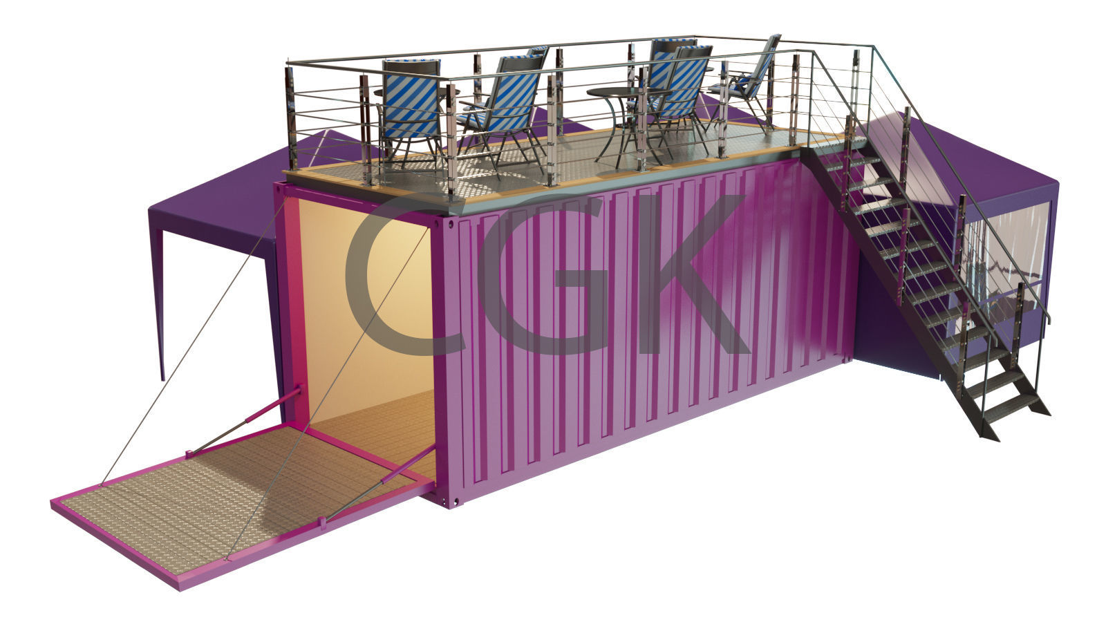 Mobile-shipping-container-restaurant tent with tables and chairs 3D model_5