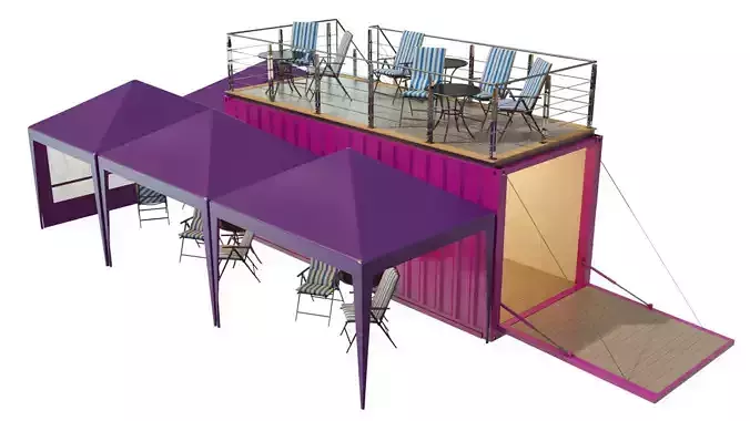 Mobile-shipping-container-restaurant tent with tables and chairs 3D model
