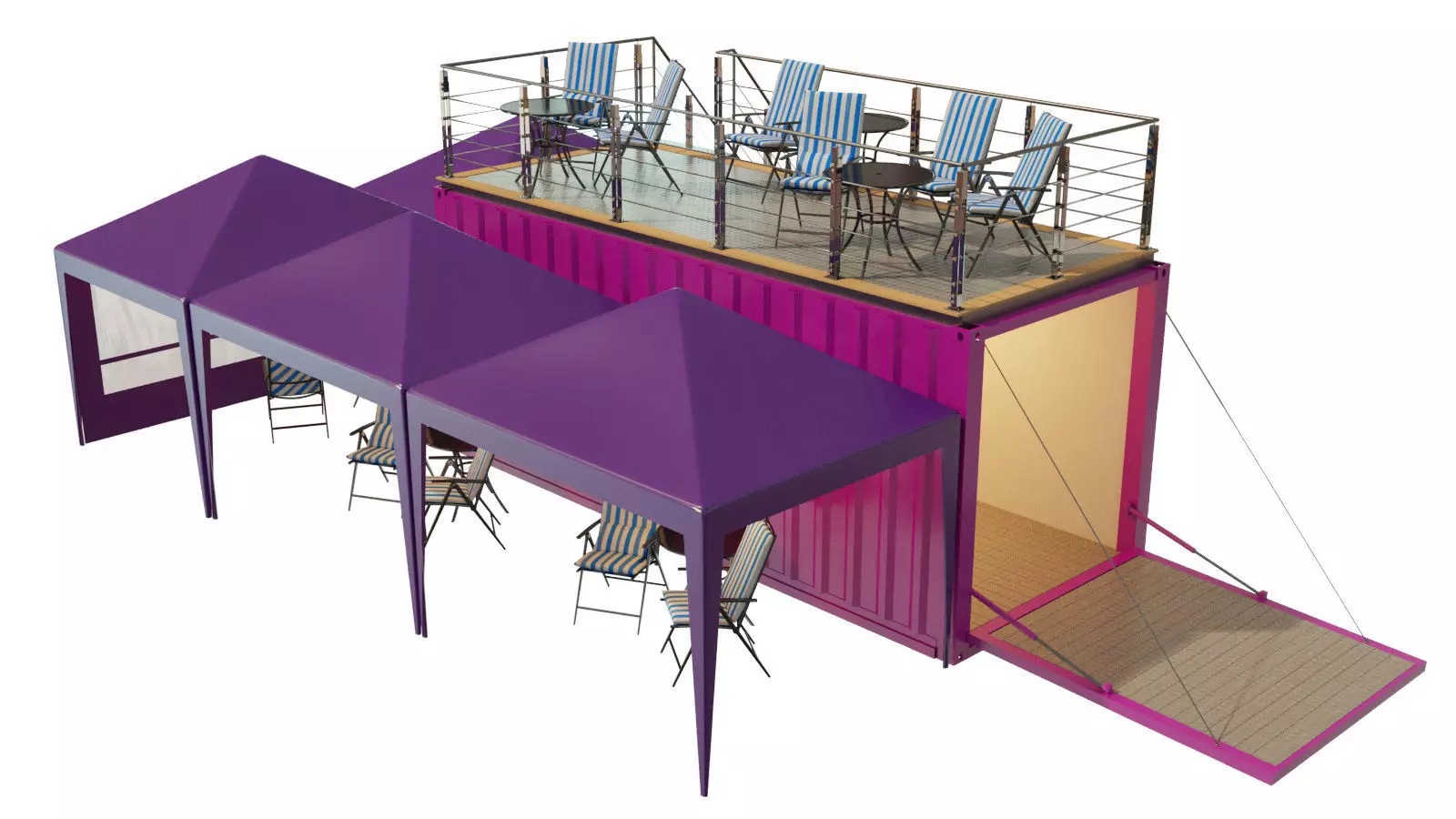 Mobile-shipping-container-restaurant tent with tables and chairs 3D model_0