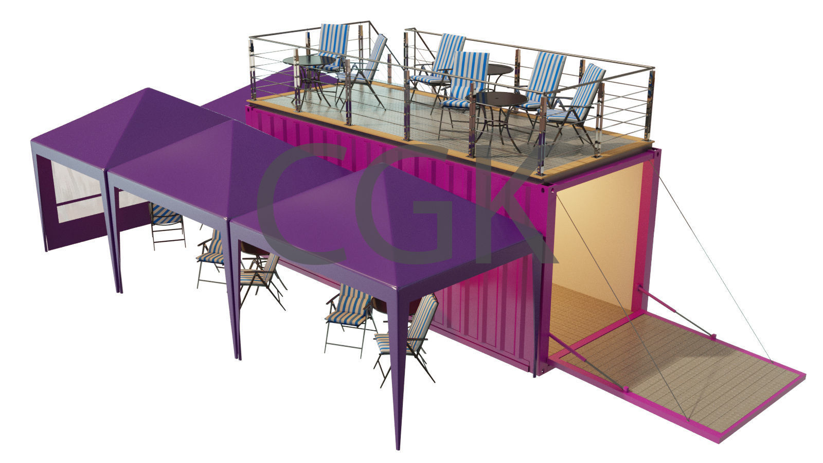 Mobile-shipping-container-restaurant tent with tables and chairs 3D model_4