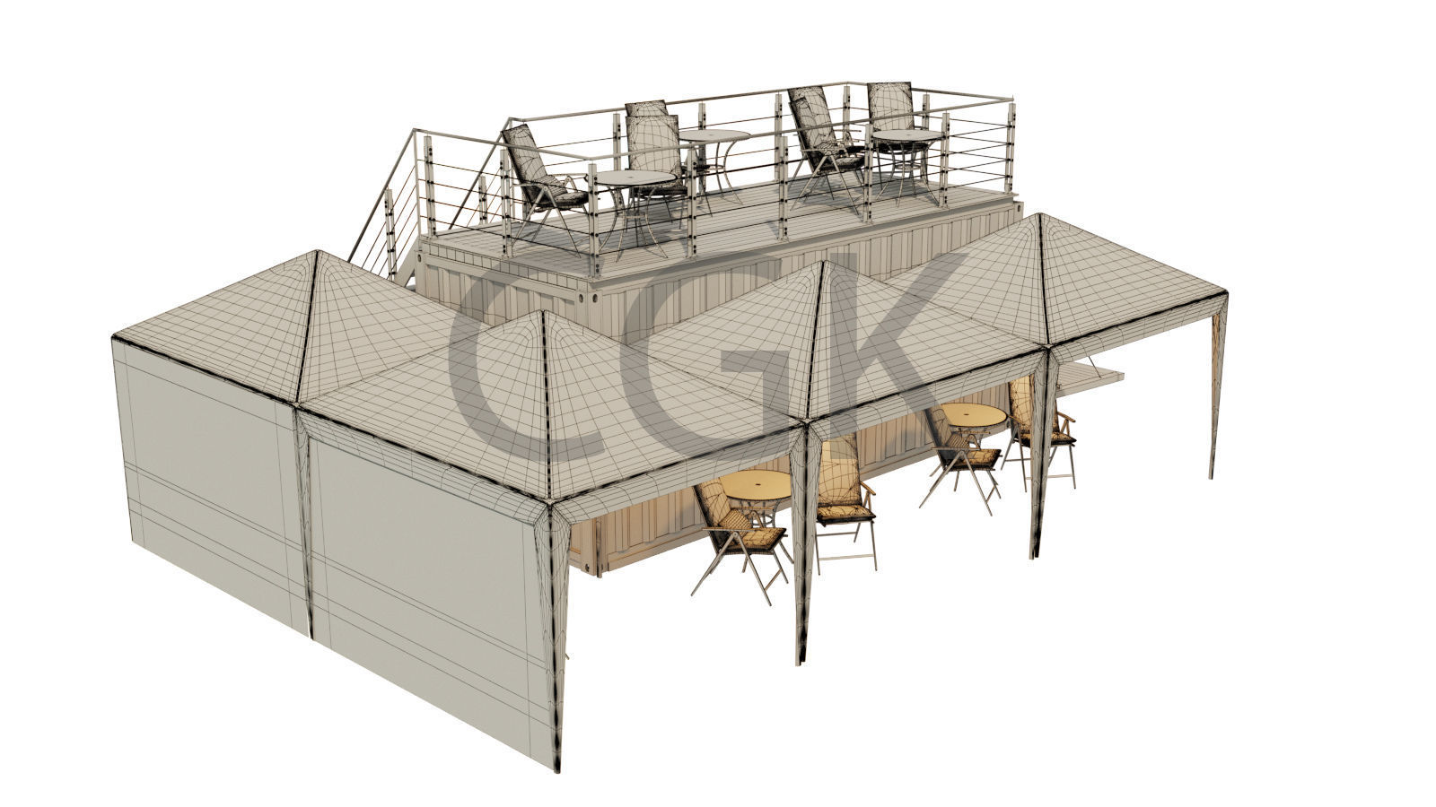 Mobile-shipping-container-restaurant tent with tables and chairs 3D model_2