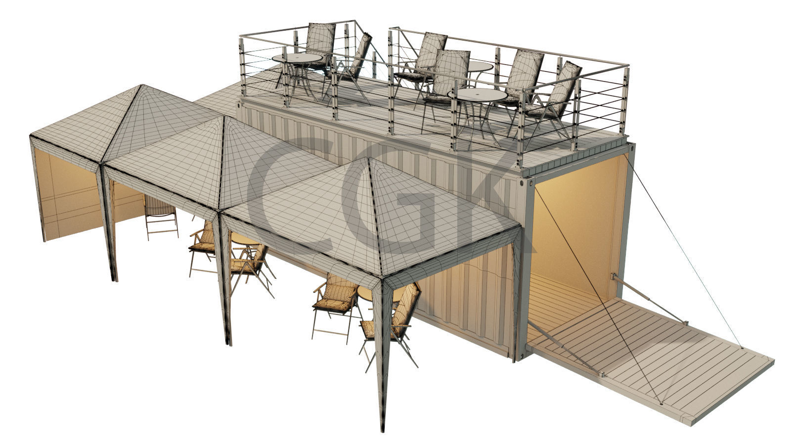 Mobile-shipping-container-restaurant tent with tables and chairs 3D model_1