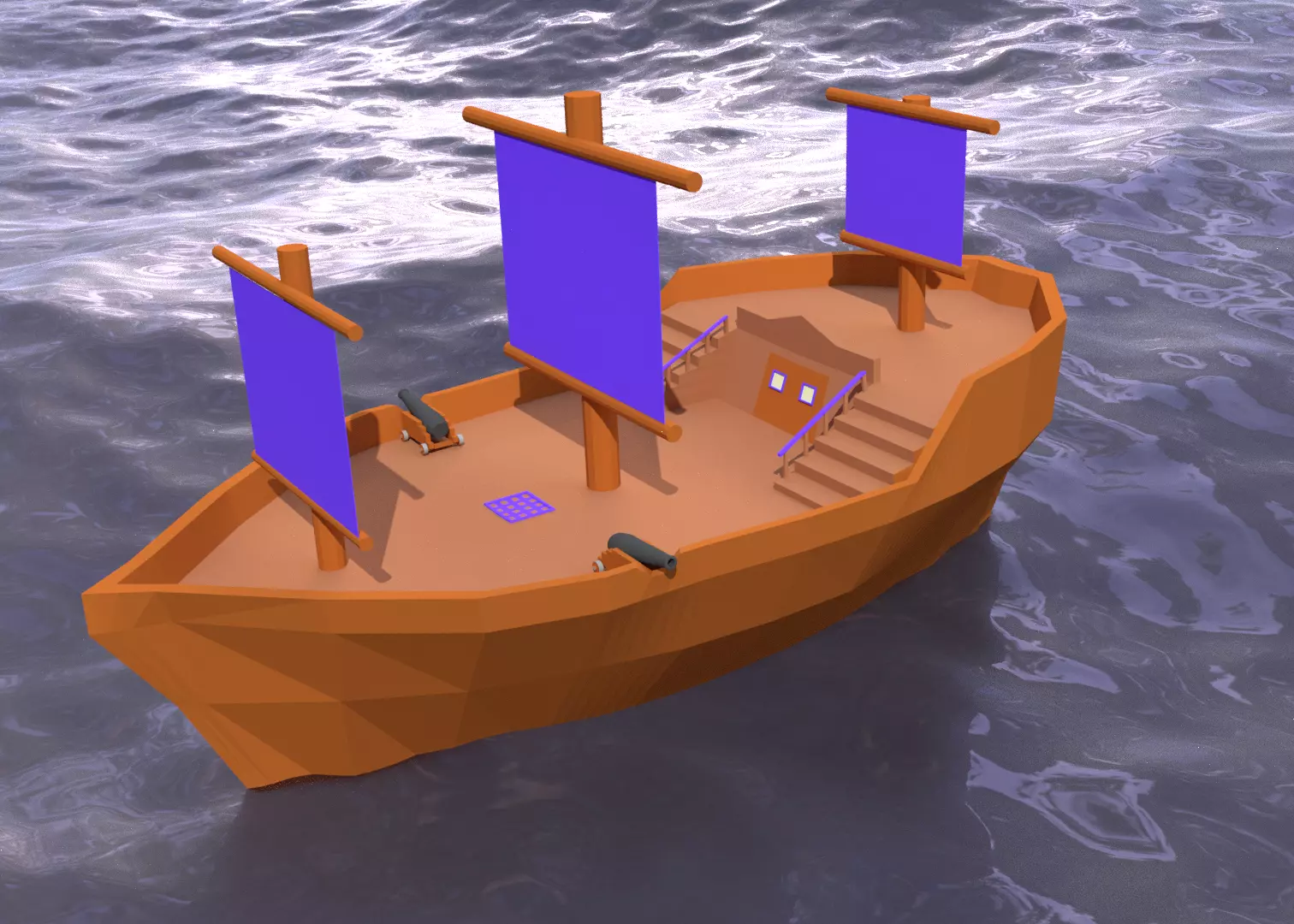 Low Poly Pirate Ship and Canon 3D Model Low-poly 3D model_0
