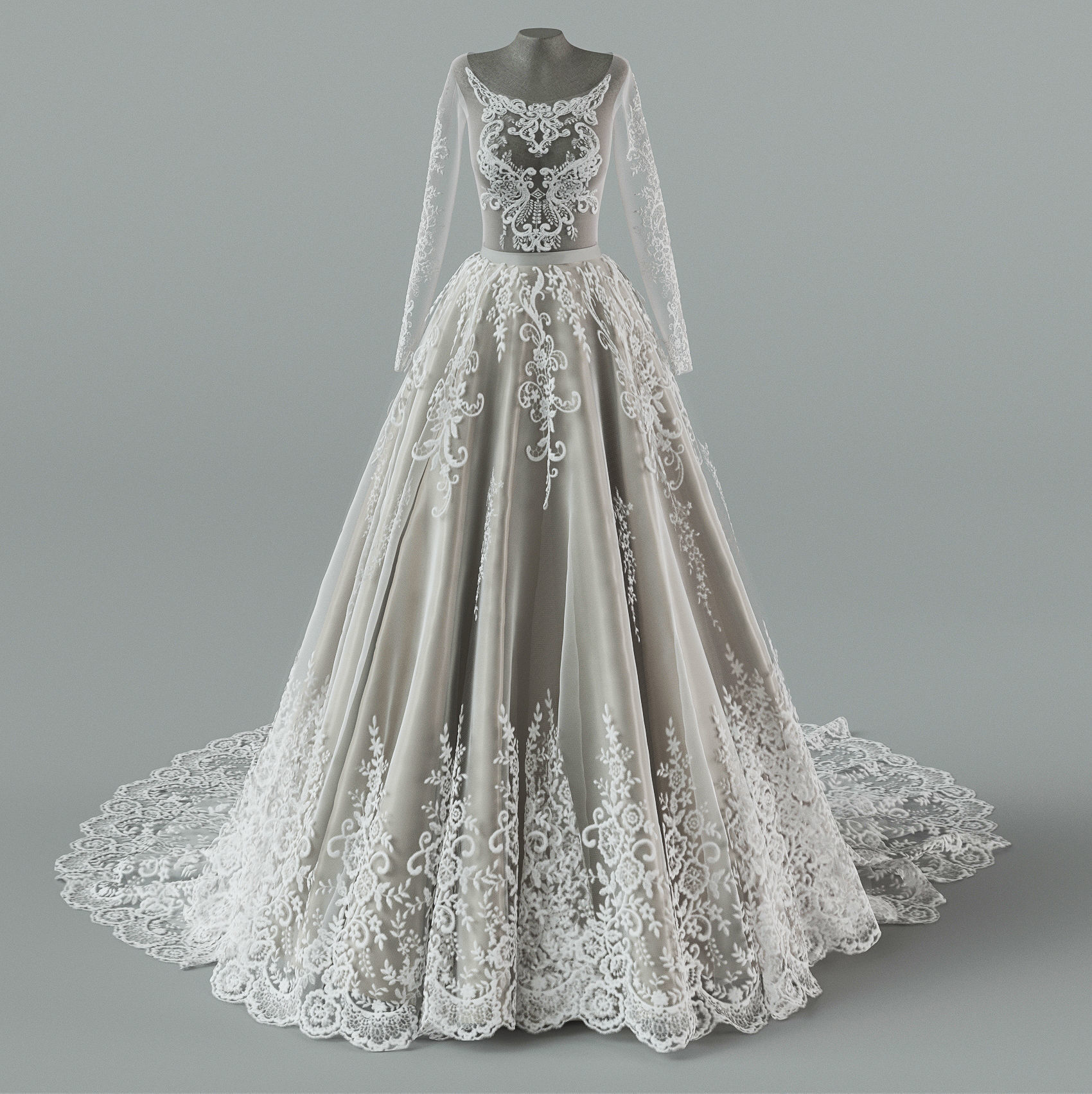 Wedding dress with train 3D model_3