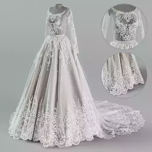 Wedding dress with train 3D model