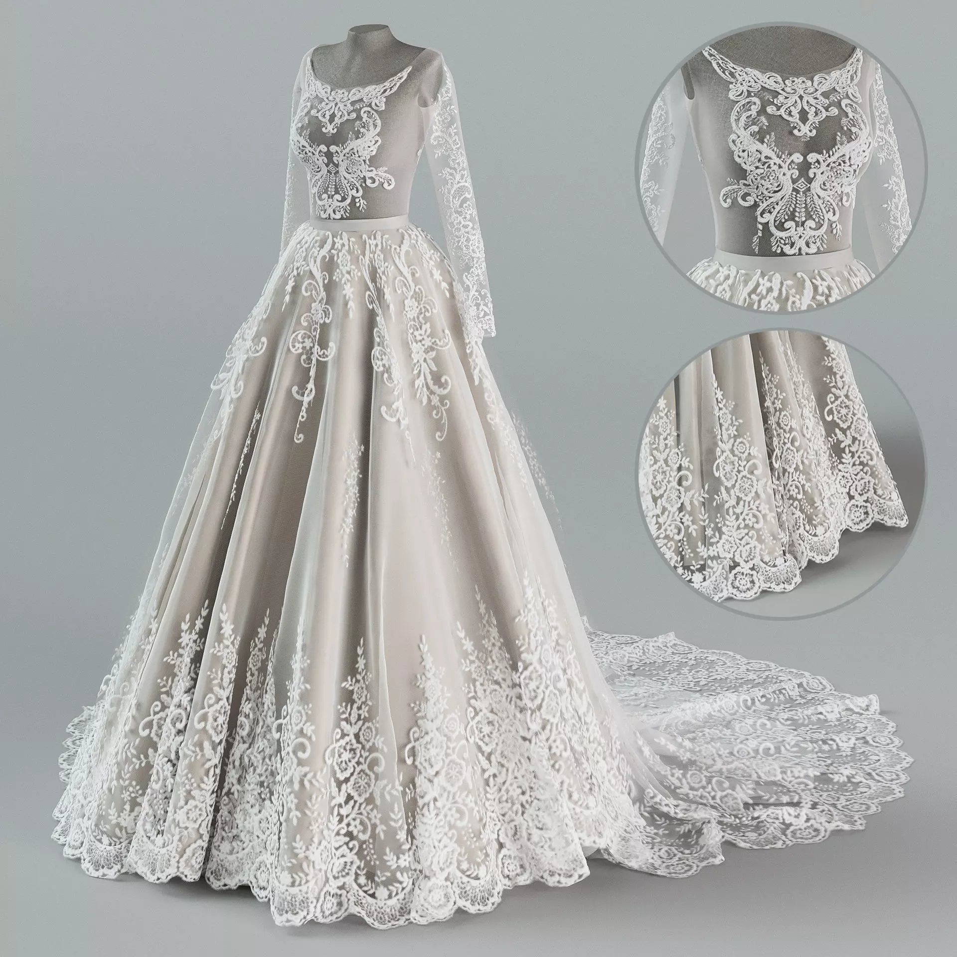 Wedding dress with train 3D model_0