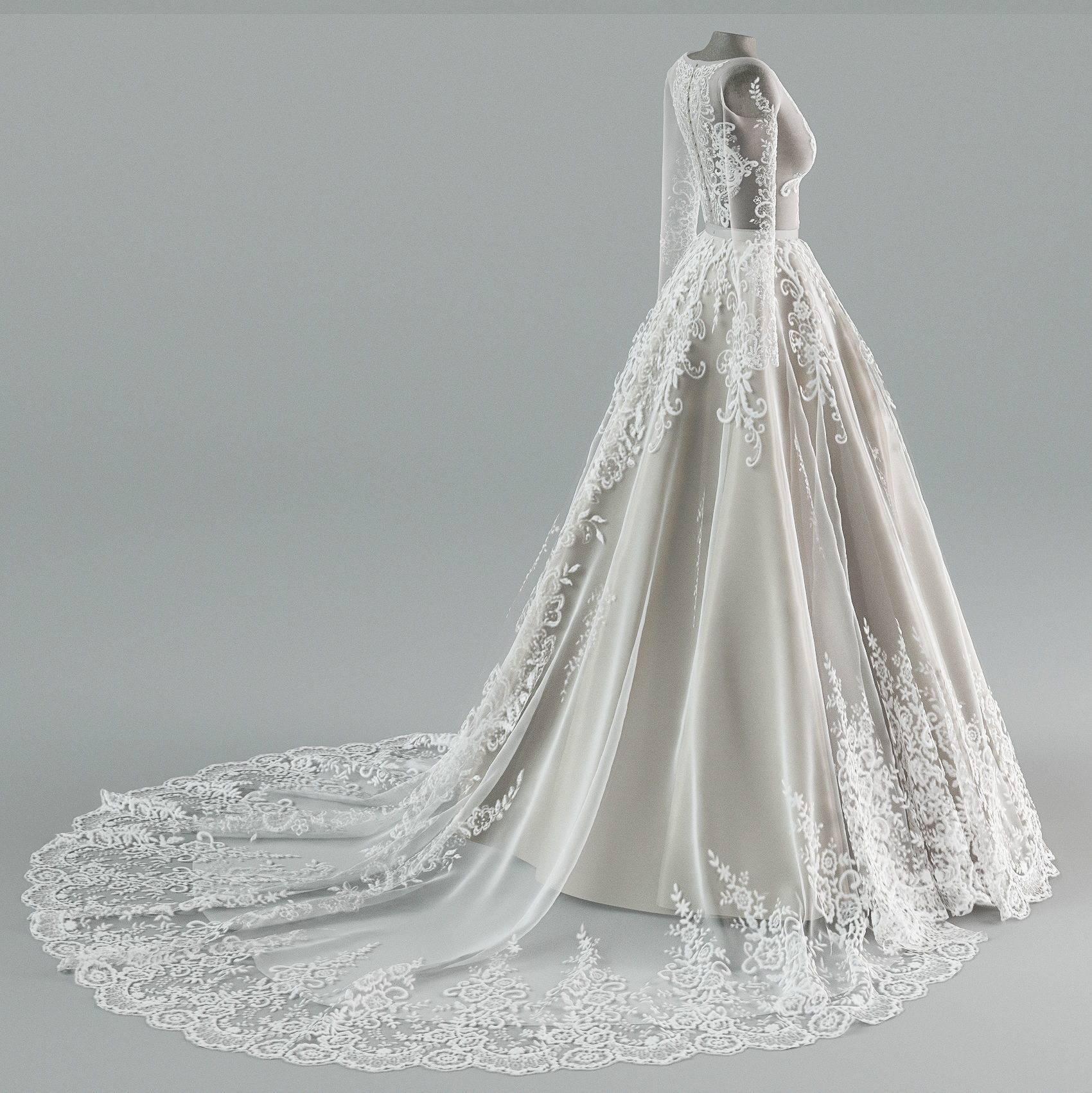 Wedding dress with train 3D model_1