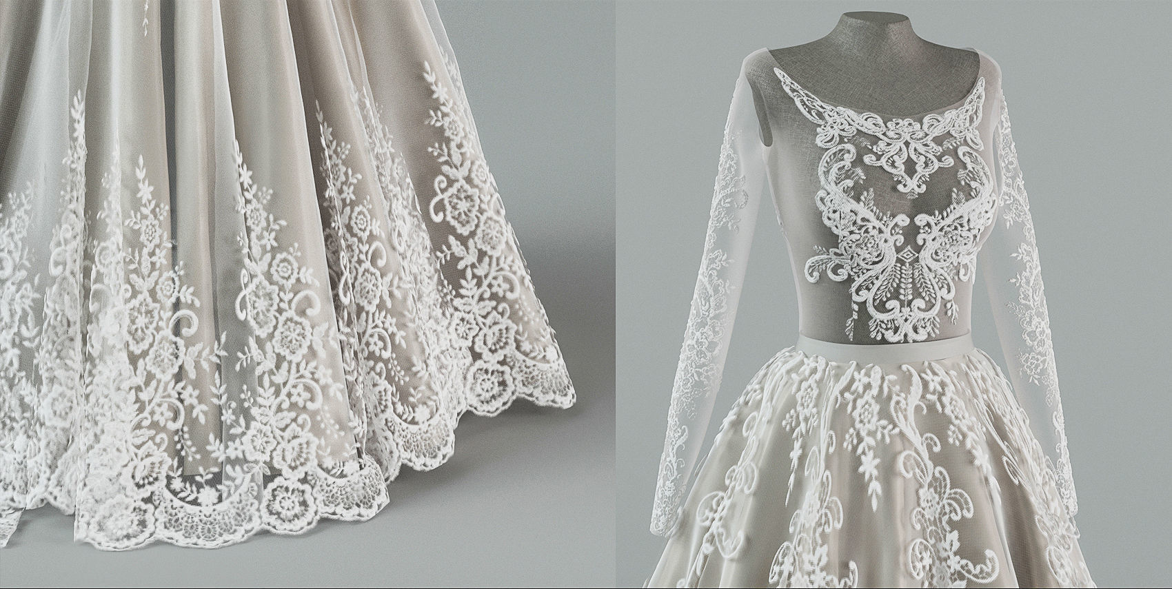 Wedding dress with train 3D model_4