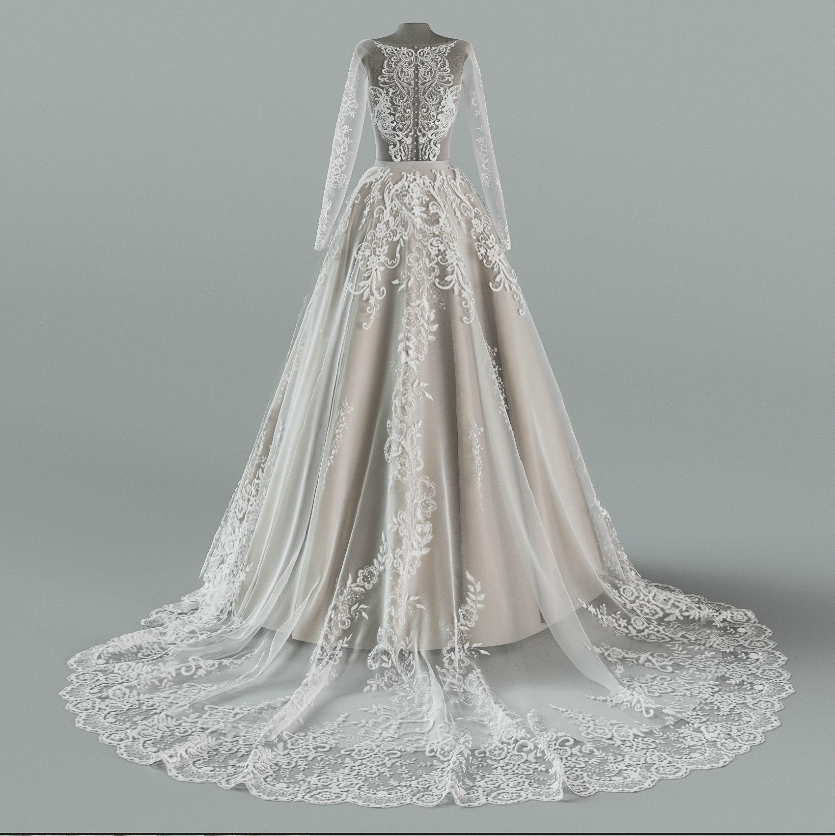 Wedding dress with train 3D model_2