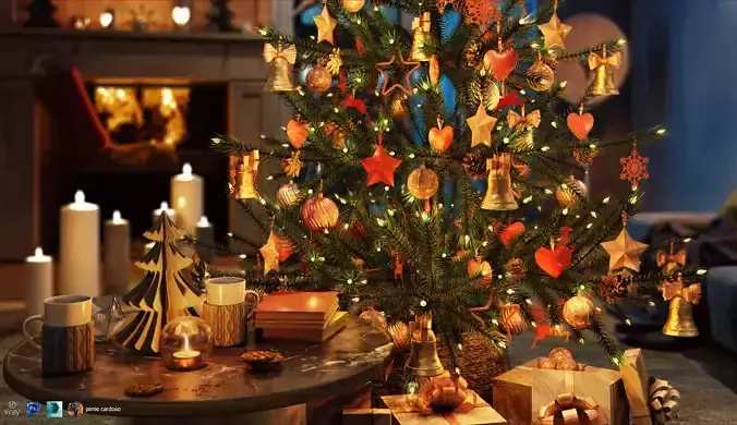 Christmas  scene with decorations tree present light gifts  3D model