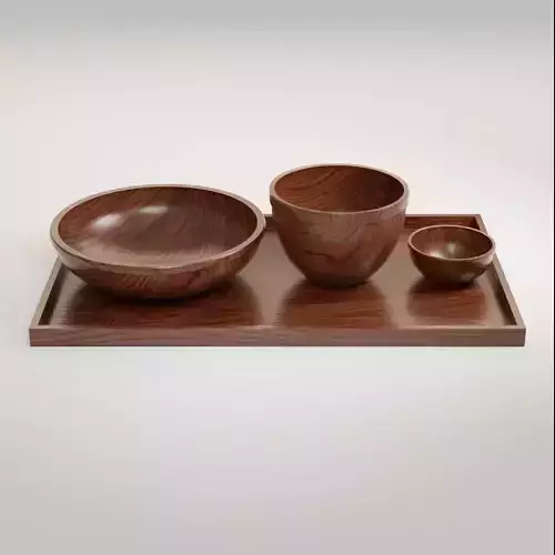 Set of three wooden bowls and tray