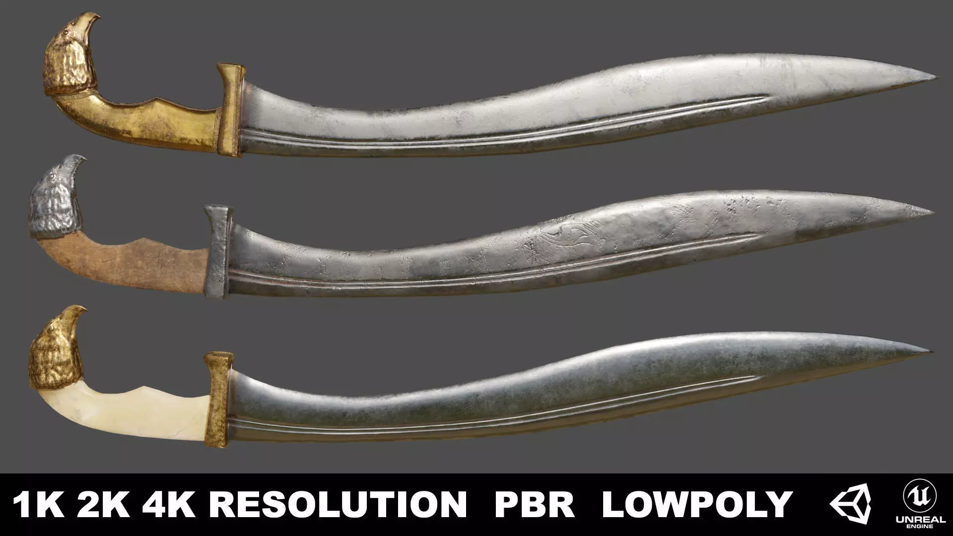 Kopis sword with gold handle Low-poly 3D model_0