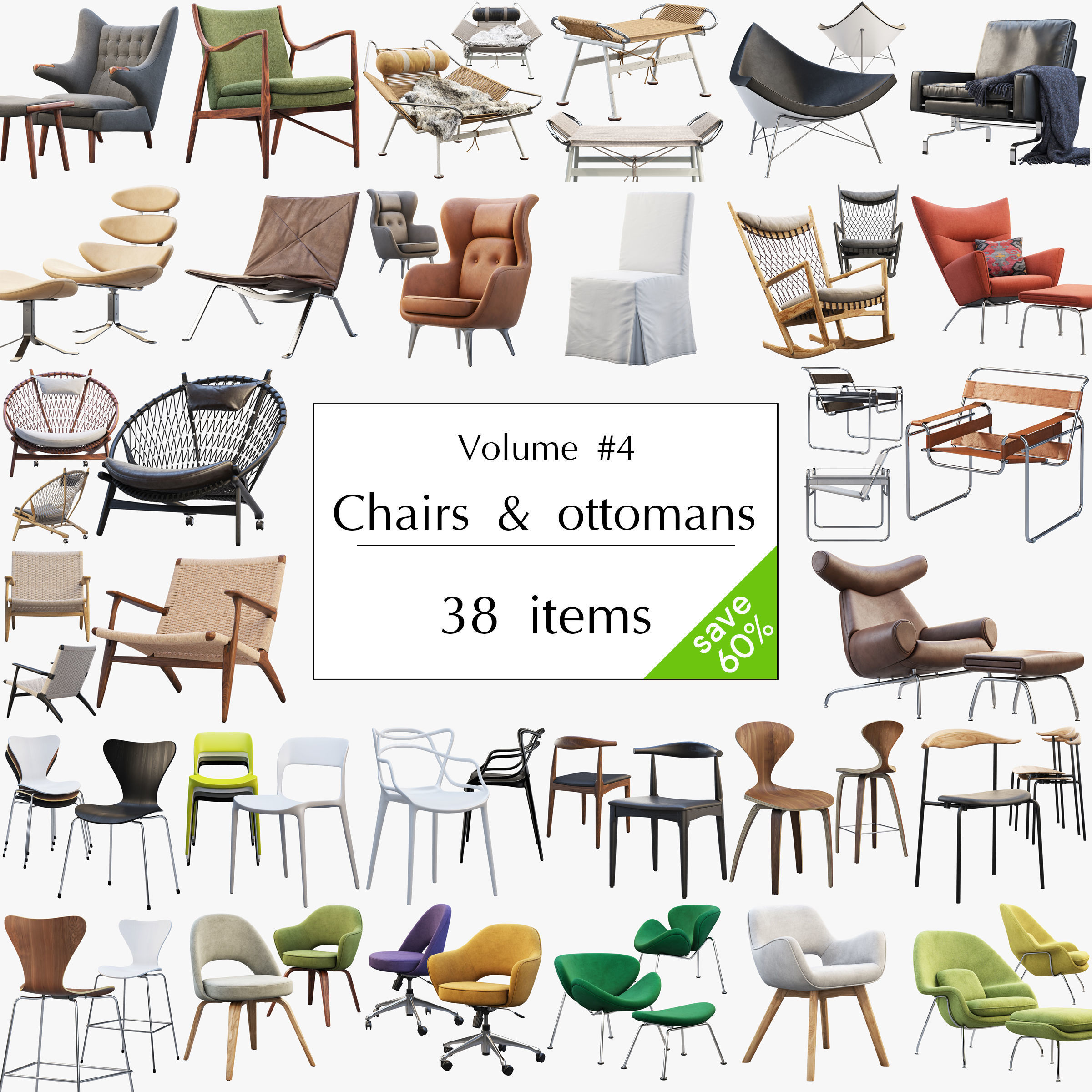 Chairs and ottomans set 38 items 3D model_1