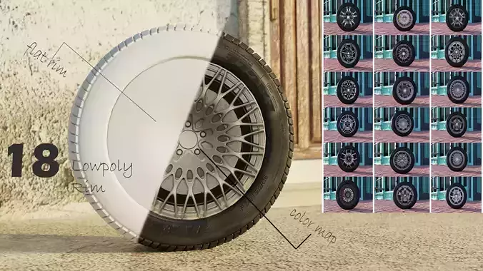 Lowpoly flat sport car wheels