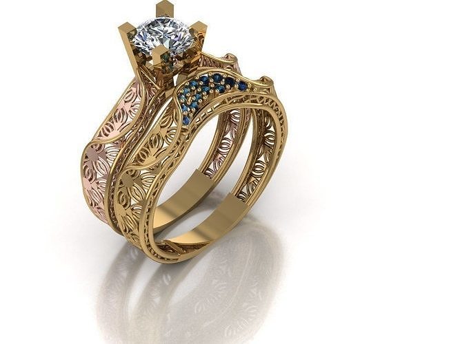 TWINZ 7 gold filigree engagement ring set with sapphire 3D print model