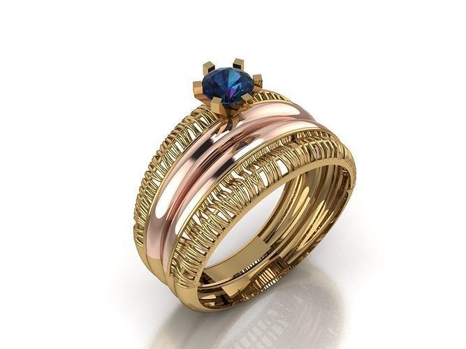 TWINZ 2 gold and sapphire ring set with sapphire 3D print model